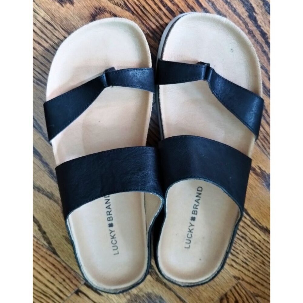 Women's Black Lucky Brand Harribel Toe-Loop Leather Sandals (Size 7M / 37.5) - Picture 2 of 6